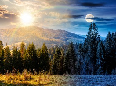 Sonbahar ekinoksunda çayırın arkasındaki kozalaklı ormanın manzarası. Gündüz ve gece zaman kavramını değiştirir. Mavi gökyüzü ve güneş ve ay ile kaplı dağ sırtı. Alp ormanları