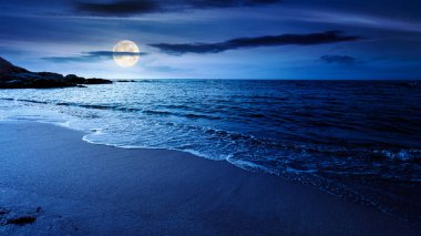 Geceleri kumsal manzarasının panoramik görüntüsü. Yaz tatili mevsimi dolunay ışığında Karadeniz 'de. Sakin suları olan güzel bir sahil. geniş sahil seyahat afişi