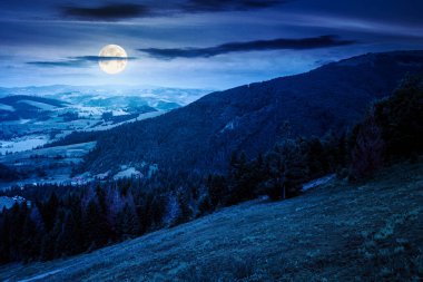 Geceleri bulutlarla dolu gökyüzü altında dağ manzarası. Çayır manzarası, dolunay ışığında yuvarlanan tepeler ve vadi. Yazın yürüyüş yeri. Yatırım veya soyut kavramlar için arkaplan