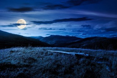 Sonbaharda geceleri kırsal dağ manzarası. Tepelerdeki kırsal alan. Mavi gökyüzünün altındaki dağlık arazide çimenli çayırları ve ormanlı yamaçları olan güzel bir manzara. Dolunay ışığında manzara