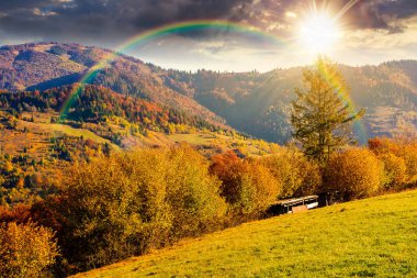 Güneşli sonbahar, gün batımında dağ manzarasında. Tepenin yamacındaki sonbahar yapraklarının güzel manzarası. Akşamüstü mavi gökyüzünün altında kırsal alanların alpleri. Gökkuşağının altında yamaçta orman manzarası