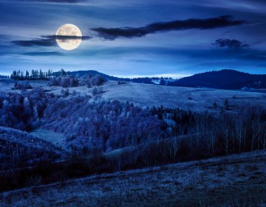 Sonbaharda geceleri kırsal dağ manzarası. Alpler dolunay ışığında. Güzel yer. Yuvarlanan tepelerdeki ormanın manzarası. Doğadaki güzellik ve kırsal sürdürülebilirlik kavramı