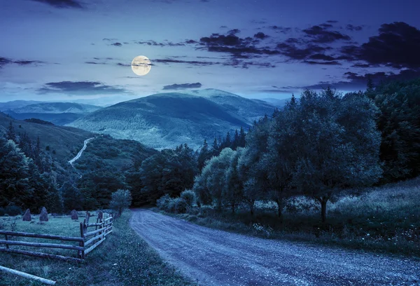 Clôture près de la route en bas de la colline avec forêt dans les montagnes la nuit — Photo