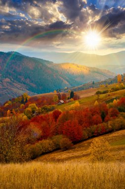Sonbaharda gün batımında kırsal alan. Orman yamaçlarındaki benekli ışıkla akşam ışığında renkli yeşilliklerle güzel bir manzara. Gökkuşağının altında yuvarlanan tepeleri olan manzaralı bir yer