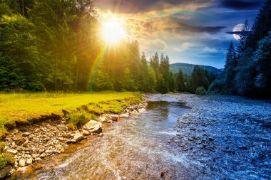 Dağları, ormanı ve önünde bir nehri olan bir manzara. Gündüz ve gece zaman kavramını değiştirir. Su, yaz gündönümünde güneş ve ay ile birlikte güzel manzaralarda akıyor. ikilik ve geçiş şablonu