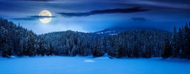 panorama of beautiful mountainous landscape in winter at night. spruce forest around the snow covered and frozen lake in full moon light. cold weather. background for fake news or conspiracy concepts