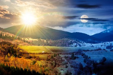 autumn landscape of rural region in mountains. day and night time change concept. rolling hills with green alps with sun and moon. serene countryside under cloudy sky. duality and transition template