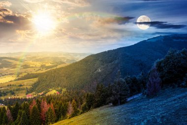 Mavi gökyüzünün altında bulutlu dağ manzarası. Gündüz ve gece zaman kavramını değiştirir. Yeşil çayırlı kırsal manzara, yuvarlanan tepeler ve güneşin ve ayın altındaki vadi. ikilik ve geçiş şablonu