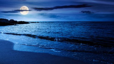 Geceleri kumsal manzarasının panoramik görüntüsü. Yaz tatili mevsimi dolunay ışığında Karadeniz 'de. Sakin suları olan güzel bir sahil. geniş sahil seyahat afişi