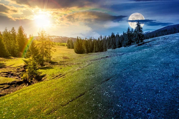 Dağlardaki çayırlarda ve köknar ormanlarında. Gündüz ve gece zaman kavramını değiştirir. Alacakaranlıkta güneş ve ay ile kaplı kar tepesi. Gökyüzünde bulutlar olan bahar ekinoksu havası. ikilik ve geçiş şablonu