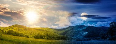 Yaz gündönümünde güzel kırların manzarası. Gündüz ve gece zaman kavramını değiştirir. Ormanlı dağlarla ve güneşli ve aylı çayırlarla kaplı dağlık bir arazi. Uyum ve ilerleme takvimi