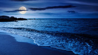 Geceleri kumsal manzarasının panoramik görüntüsü. Yaz tatili mevsimi dolunay ışığında Karadeniz 'de. Sakin suları olan güzel bir sahil. geniş sahil seyahat afişi