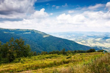 Mavi gökyüzü altında gün ışığında bulutlu Ukrayna 'nın dağ manzarası. Yeşil çayır, yuvarlak tepeler ve vadi olan kırsal alan. Yazın yürüyüş yeri. Doğa geçmişi ve tazelik kavramı