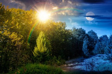 Yaz gündönümünde tepedeki kayın ormanı. Gündüz ve gece zaman kavramını değiştirir. Alacakaranlıkta güneş ve ay ile mavi gökyüzünün altında dağlar. İkilik ve geçiş şablonu için güzel arkaplan