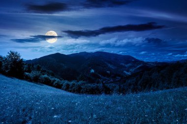 Yazın geceleri güzel dağ manzarası. Dolunay ışığında yuvarlanan tepelerde çimenli çayırlar. Uzakta tepe var. Gökyüzündeki hava bulutları. kurgu sanatı veya gizem kavramları için arkaplan