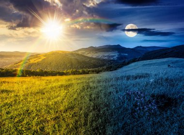 Dağ manzarasındaki çimli yamaçtaki çayırlarda yabani ve lezzetli çiçekler. Gündüz ve gece zaman kavramını değiştirir. Yeşil tepeleri, güneşi ve ayı olan güzel bir açık hava manzarası. ikilik ve geçiş şablonu