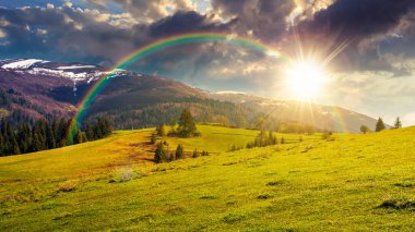 Gün batımında dağlarda güzel bir ilkbahar manzarası. Akşam ışığında çimenli tepelerde çam ağaçları. Tepenin tepesinde kar var. Gökyüzünde kabarık bulutlar. Gökkuşağının altında hikaye anlatımı sinemasal görüntü