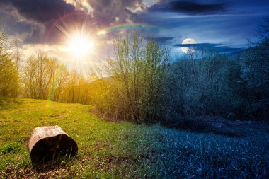Baharda ormandaki yeşil çimlerle kaplı dağ manzarası. Gündüz ve gece zaman kavramını değiştirir. Gökyüzünün altında güneş ve ay olan kayın ağaçlarının olduğu güzel doğa manzarası. eşitlik ve kayma şablonu