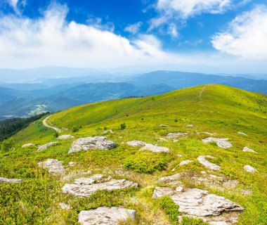 Yazın kayalarla kaplı dağ manzarası. Mavi gökyüzünün altındaki yeşil çimenler. Güneşli bir günde alp çayırı ve kayalarla yuvarlanan tepeler. Çevre sürdürülebilirliği ve korunması. Dünya Günü için arkaplan