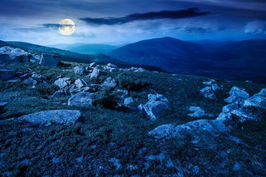Yazın dağ manzarası ve geceleri kayalar. Dolunay ışığında karanlık gökyüzünün altında çimenler. Alp çayırı ve kayalarla yuvarlanan tepeler. Şeytani kurgu sanatı veya gizemli kavramlar için arkaplan