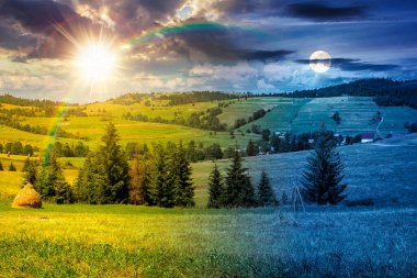 Dağlardaki çimenli kırsal tepeler. Zaman değişimi konsepti. Alacakaranlıkta güneş ve ayın olduğu harika bir yaz kırsalı. Yeşil çayırdaki çam ağaçları. belirsizlik, güven sorunları ve zor ilişki