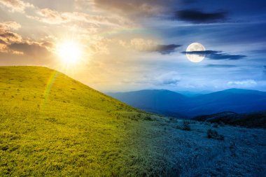 Dağların muhteşem yaz manzarası. Zaman değişimi konsepti. Alacakaranlıkta güneşli yeşil çayır ve yuvarlanan tepelerin manzarası. belirsizlik, güven sorunları ve zor ilişki