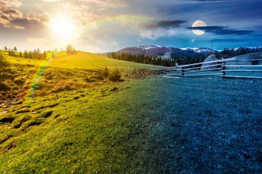 İlkbaharda kırsal alan. Gündüz ve gece zaman kavramını değiştirir. Alacakaranlıkta çitin yanında güneş ve ay olan saman yığını. Yuvarlanan tepelerdeki orman. Karla kaplı bir dağ. eşitlik ve kayma şablonu