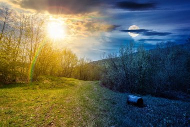 Baharda ormandaki yeşil çimlerle kaplı dağ manzarası. Gündüz ve gece zaman kavramını değiştirir. Gökyüzünün altında güneş ve ay olan kayın ağaçlarının olduğu güzel doğa manzarası. eşitlik ve kayma şablonu