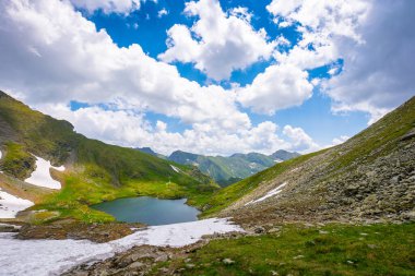 Alpine yaz manzarasında dağ gölü. Transilvanya Alpleri ve mavi gökyüzündeki bulutlarla çevrili güzel bir manzara. Temiz su, kar ve kayalık yamaçlar. Uçsuz bucaksız ışıkta uzak dağlık maceralar
