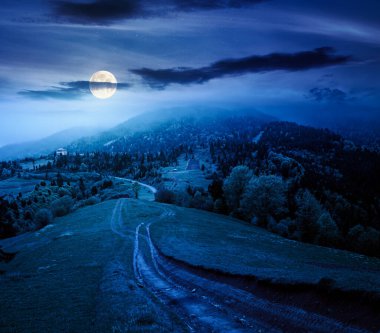 Gece yeşil yuvarlanan tepelerden geçen toprak yol. Dolunay ışığında dağ sırasındaki kırsal alan. Baharda karanlık gökyüzü altında kırsal manzara. Parklar ve açık havada gizemli fanteziler