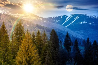 İlkbaharda dağ manzarasında kozalaklı orman. Gündüz ve gece zaman kavramını değiştirir. Gökyüzü altındaki yemyeşil çevre güneş ve ay ile doludur. Kar tepelerinin manzarası. eşitlik ve kayma şablonu