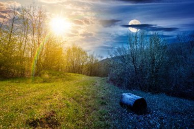 Baharda ormandaki yeşil çimlerle kaplı dağ manzarası. Gündüz ve gece zaman kavramını değiştirir. Gökyüzünün altında güneş ve ay olan kayın ağaçlarının olduğu güzel doğa manzarası. eşitlik ve kayma şablonu