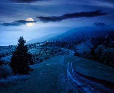 Gece yeşil yuvarlanan tepelerden geçen toprak yol. Dolunay ışığında dağ sırasındaki kırsal alan. Baharda karanlık gökyüzü altında kırsal manzara. Parklar ve açık havada gizemli fanteziler