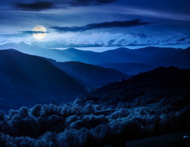 Geceleri harika bir kırsal bölge. Ormanda dolunay ışığında yuvarlanan tepelerin üzerinde bulutlu gökyüzü olan güzel dağ manzarası. Highland Vista 'da atmosfer havası olan gizemli bir manzara.