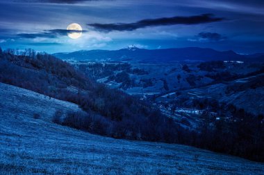 Geceleri vadide köy olan kırsal alan. Kırsal bölgelerde maceralar. Yuvarlanan tepeler ve karlı dağlar. İlkbaharın başlarında dolunay ışığında. kurgu sanatı veya gizem konsepti için arkaplan