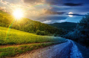 Tepenin aşağısındaki köy yolunda. Gündüz ve gece zaman kavramını değiştirir. Yaz gündönümünde, güneş ve ay ile dağlık arazinin güzel kırsal manzarası. Kırsal İskoçya 'daki uzak patika