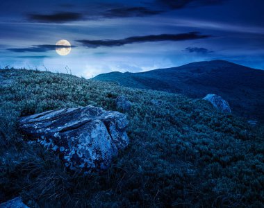 Yazın geceleri dağ manzarası. Yeşil yamaçlardaki dağlık çayırlar ve dolunay ışığında tepeler. İnanılmaz macera manzarası. İlham için uzak dağlık bölgenin gizemli keşfi