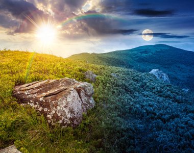 Yaz gündönümünde dağ manzarası. Gündüz ve gece zaman kavramını değiştirir. Yeşil yamaçlardaki dağlık çayırlar ve güneşli ve aylı tepeler. İlham için uzak dağlık arazinin keşfi