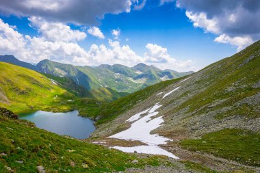 Alpine yaz manzarasında dağ gölü. Transilvanya Alpleri ve mavi gökyüzündeki bulutlarla çevrili güzel bir manzara. Temiz su, kar ve kayalık yamaçlar. Uçsuz bucaksız ışıkta uzak dağlık maceralar