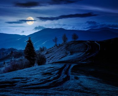 Geceleri çimenli yamaçların olduğu kırsal bir manzara. Dolunay ışığında yuvarlanan tepeler boyunca toprak yol boyunca tahta çitler. İlkbaharda uzak dağların gizemli manzarası