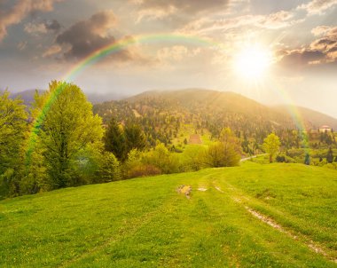 Gün batımında dağ manzarasının uzak kırsalında. Akşam ışığında bahar boyunca sisli hava. Bir tepedeki yemyeşil otlaktan geçen toprak yol. Gökkuşağının altında yaprak döken ağaçlarla alp manzarası