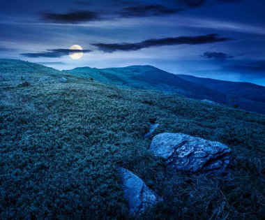 Yazın geceleri dağ manzarası. Yeşil yamaçlardaki dağlık çayırlar ve dolunay ışığında tepeler. İnanılmaz macera manzarası. İlham için uzak dağlık bölgenin gizemli keşfi