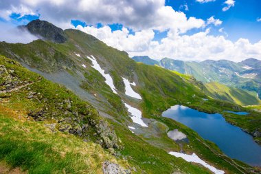Alpine yaz manzarasında dağ gölü. Transilvanya Alpleri ve mavi gökyüzündeki bulutlarla çevrili güzel bir manzara. Temiz su, kar ve kayalık yamaçlar. Uçsuz bucaksız ışıkta uzak dağlık maceralar
