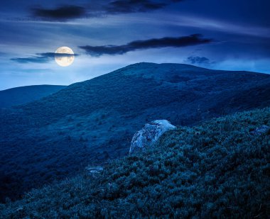Yazın geceleri dağ manzarası. Yeşil yamaçlardaki dağlık çayırlar ve dolunay ışığında tepeler. İnanılmaz macera manzarası. İlham için uzak dağlık bölgenin gizemli keşfi