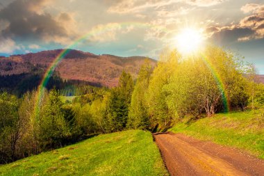 Toprak yollu güzel dağ manzarasının üzerinde gün batımı. İlkbaharda çimli tepelerin arasından orman yolu. Yeşillik manzaralı kırsal taşıma. Otlağın yanındaki boş patika. Gökkuşağıyla hava