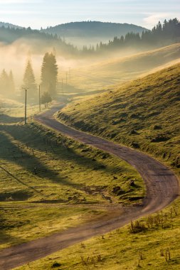 dağ orman gündoğumu, siste eğri yol