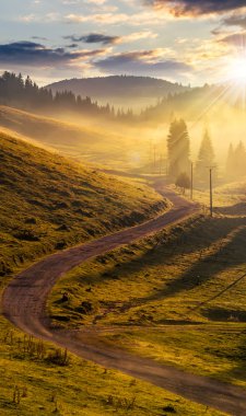 gün batımında siste dağ orman eğri yol