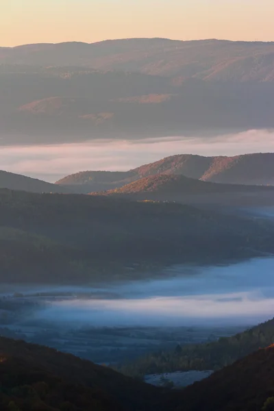 Brouillard froid au lever du soleil chaud dans les montagnes — Photo