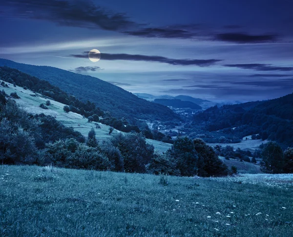 Aldeia no prado de encosta à noite — Fotografia de Stock