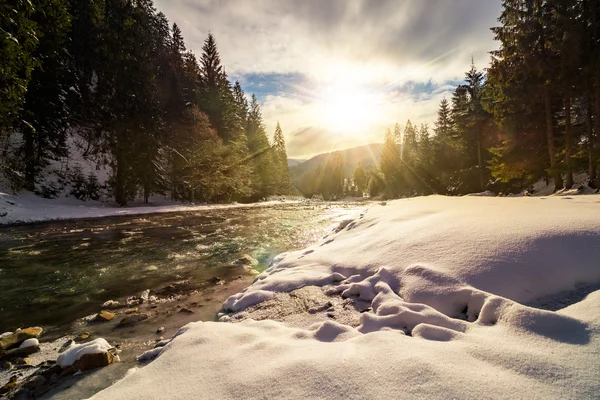 Gün batımında ormandaki donmuş nehir — Stok fotoğraf